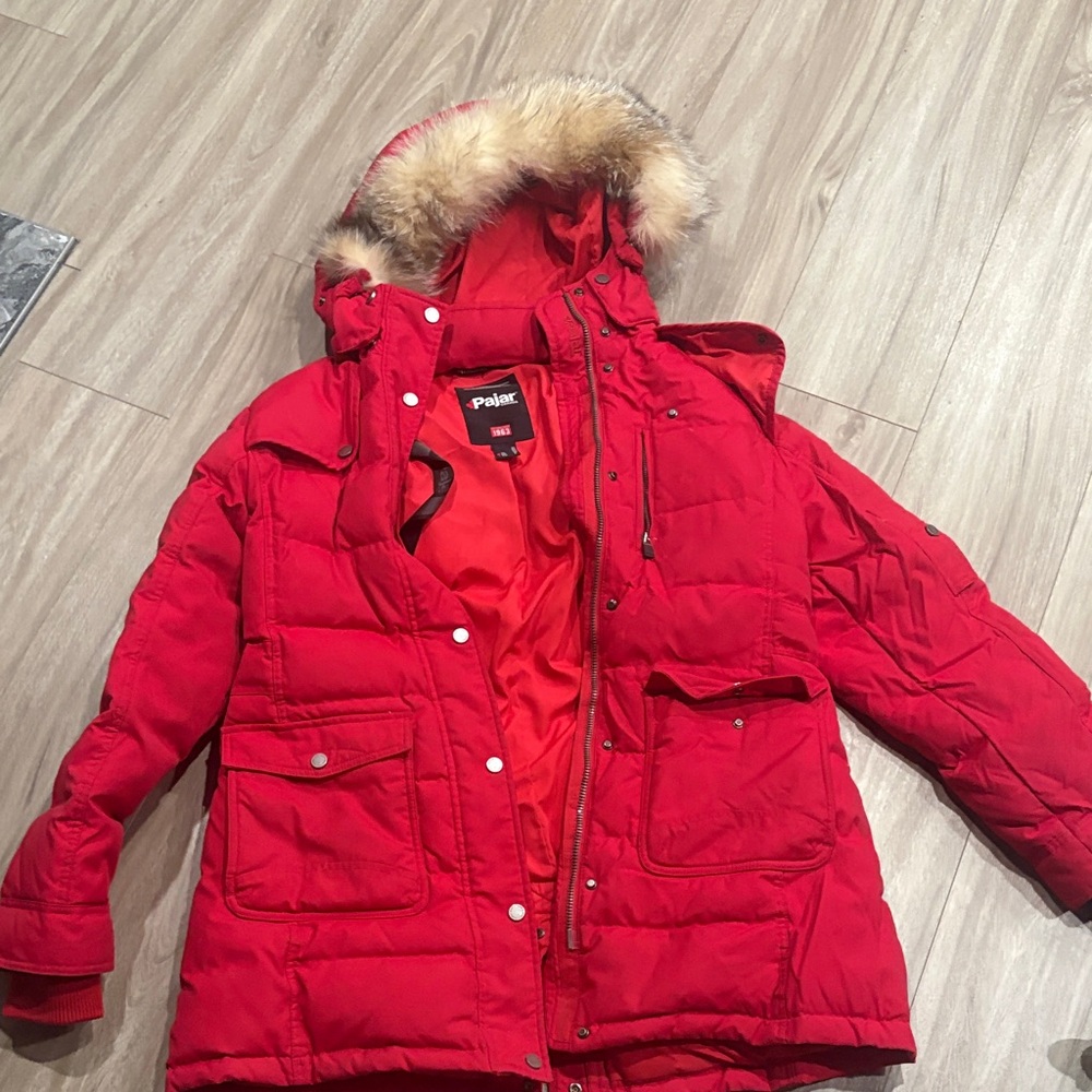 Pajar Red Puffer Jacket model Serena with Fur Hood